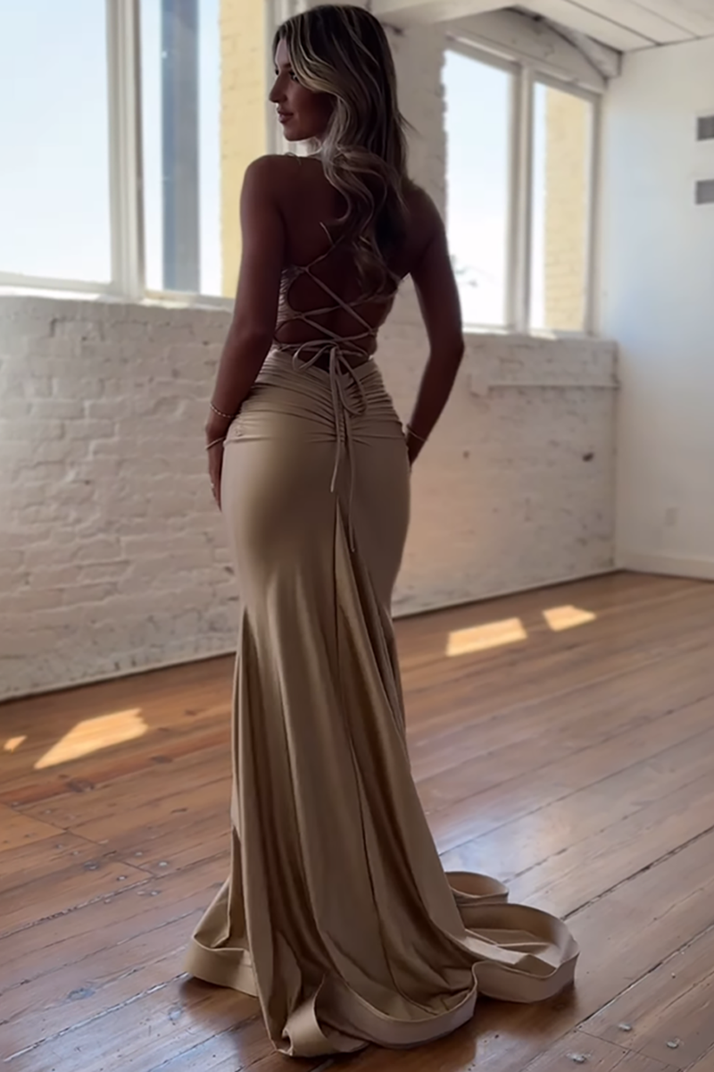 Load image into Gallery viewer, Navy Mermaid Spaghetti Straps Lace-Up Back Long Prom Dress
