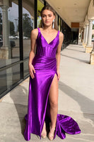Load image into Gallery viewer, Purple Mermaid Satin V Neck Corset Long Prom Dress with Slit