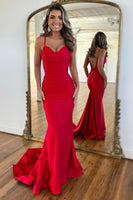 Load image into Gallery viewer, Women Red Long Prom Dress Mermaid Spaghetti Straps Open Back Satin Evening Dress