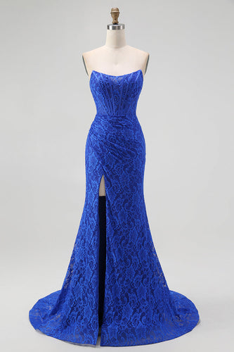 Royal Blue Sweetheart Lace Mermaid Corset Long Prom Dress with Slit