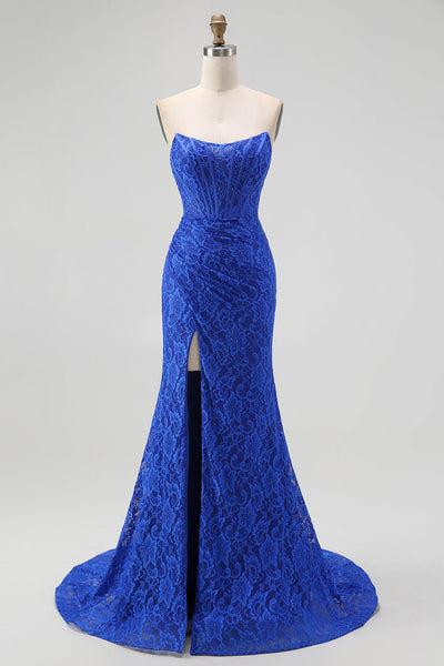 Royal Blue Sweetheart Lace Mermaid Corset Long Prom Dress with Slit