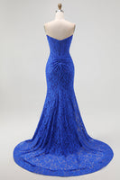 Load image into Gallery viewer, Royal Blue Sweetheart Lace Mermaid Corset Long Prom Dress with Slit
