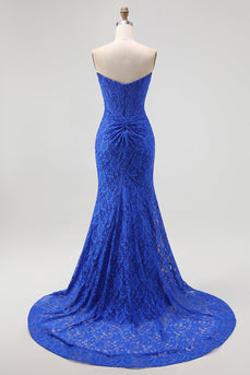 Royal Blue Sweetheart Lace Mermaid Corset Long Prom Dress with Slit