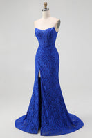 Load image into Gallery viewer, Royal Blue Sweetheart Lace Mermaid Corset Long Prom Dress with Slit