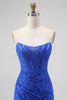 Load image into Gallery viewer, Royal Blue Sweetheart Lace Mermaid Corset Long Prom Dress with Slit