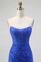 Load image into Gallery viewer, Royal Blue Sweetheart Lace Mermaid Corset Long Prom Dress with Slit