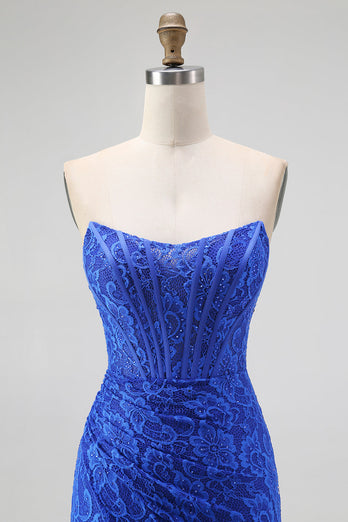 Royal Blue Sweetheart Lace Mermaid Corset Long Prom Dress with Slit