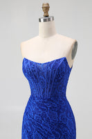 Load image into Gallery viewer, Royal Blue Sweetheart Lace Mermaid Corset Long Prom Dress with Slit