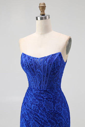 Royal Blue Sweetheart Lace Mermaid Corset Long Prom Dress with Slit