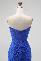 Load image into Gallery viewer, Royal Blue Sweetheart Lace Mermaid Corset Long Prom Dress with Slit