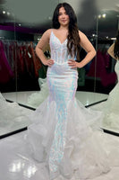 Load image into Gallery viewer, Sparkly Fuchsia Mermaid Sequined Spaghetti Straps Corset Tiered Tulle Long Prom Dress