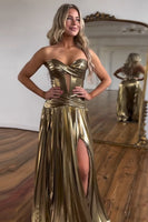 Load image into Gallery viewer, Metallic Silver A-Line Strapless Corset Ruched Long Prom Dress with Slit