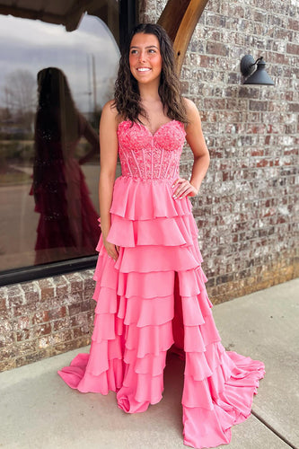 Sparkly Coral Ruffled Tiered Sweetheart Long Corset Prom Dress with Slit