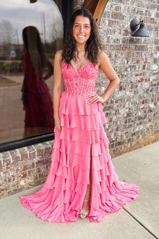 Sparkly Coral Ruffled Tiered Sweetheart Long Corset Prom Dress with Slit