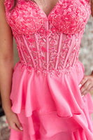 Load image into Gallery viewer, Sparkly Coral Ruffled Tiered Sweetheart Long Corset Prom Dress with Slit