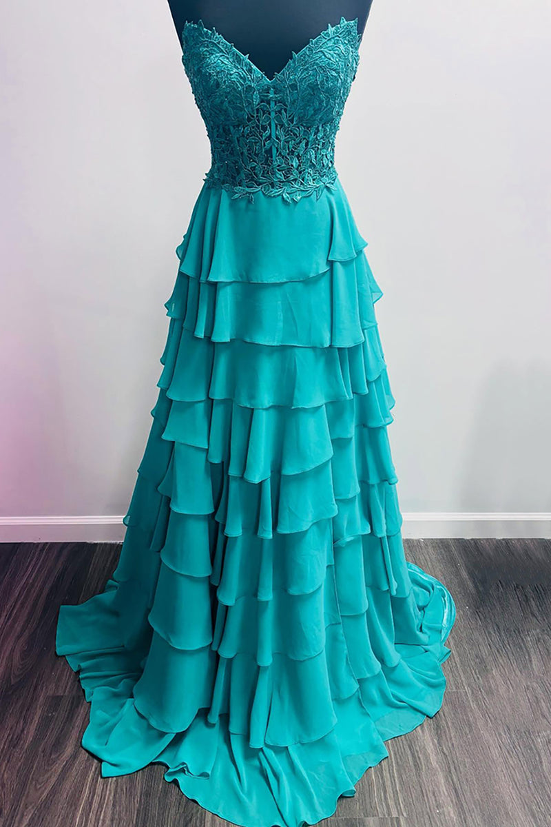 Load image into Gallery viewer, Sparkly Coral Ruffled Tiered Sweetheart Long Corset Prom Dress with Slit