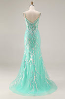 Load image into Gallery viewer, Sparkly Floral Mint Green Lace Mermaid Long Prom Dress