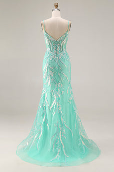 Sparkly Floral Mint Green Lace Mermaid Long Prom Dress