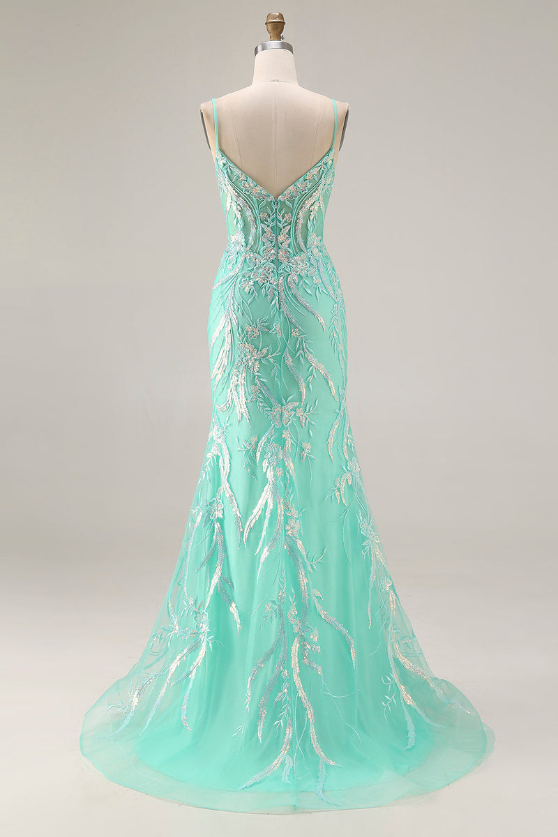 Load image into Gallery viewer, Sparkly Floral Mint Green Lace Mermaid Long Prom Dress