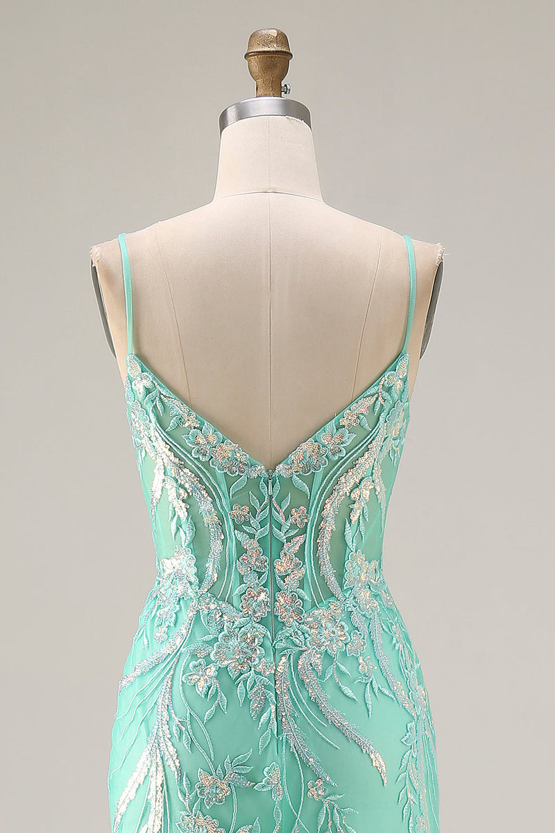 Load image into Gallery viewer, Sparkly Floral Mint Green Lace Mermaid Long Prom Dress