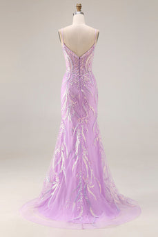 Sparkly Purple Lace Mermaid Floral Long Prom Dress