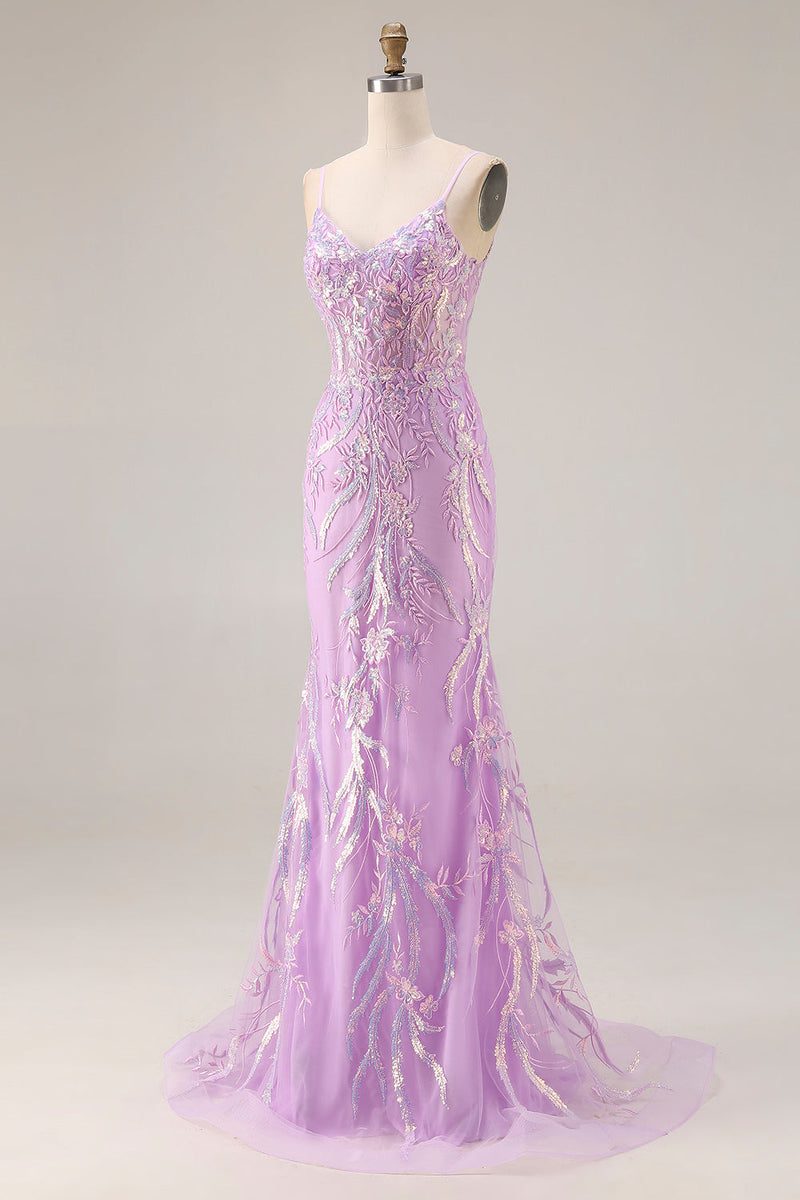 Load image into Gallery viewer, Sparkly Purple Lace Mermaid Floral Long Prom Dress