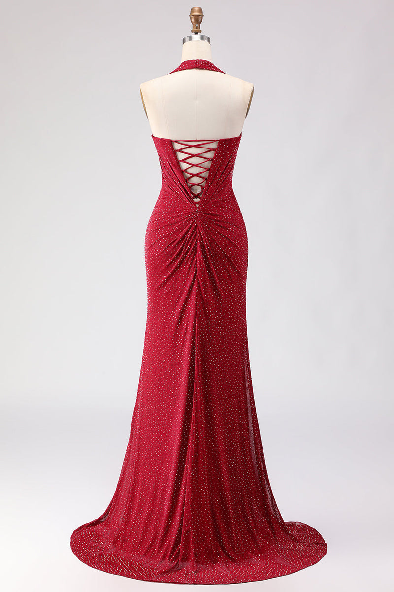 Load image into Gallery viewer, Sparkly Dark Red Halter Mermaid Long Prom Dress with Slit