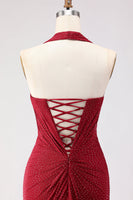 Load image into Gallery viewer, Sparkly Dark Red Halter Mermaid Long Prom Dress with Slit
