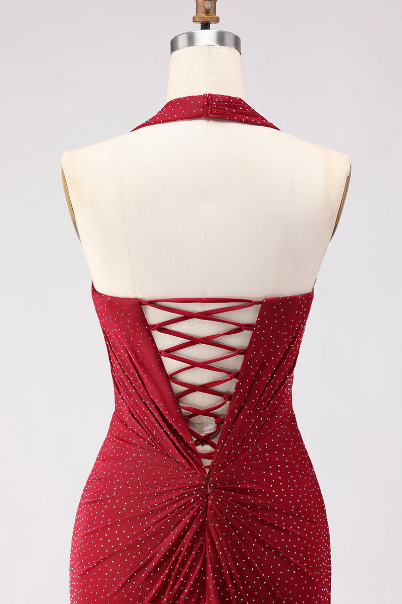 Load image into Gallery viewer, Sparkly Dark Red Halter Mermaid Long Prom Dress with Slit