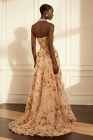 Load image into Gallery viewer, Purple A Line Strapless Floral Corset Long Prom Dress