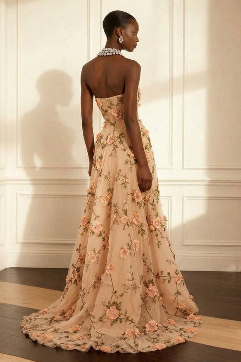 Load image into Gallery viewer, Purple A Line Strapless Floral Corset Long Prom Dress