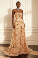 Load image into Gallery viewer, Purple A Line Strapless Floral Corset Long Prom Dress