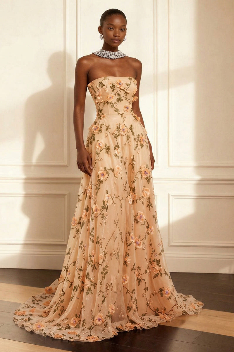 Load image into Gallery viewer, Purple A Line Strapless Floral Corset Long Prom Dress