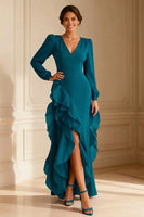 Load image into Gallery viewer, Purple V Neck Asymmetrical Ruffled Mother of the Bride Dress with Slit