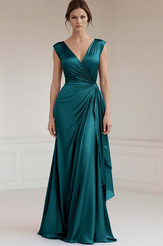 Peacock V-Neck Sheath Ruched Maxi Formal Dress with Ruffles