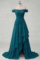Load image into Gallery viewer, A Line Ruched Off the Shoulder Butter Yellow Ruffled Prom Dress with Slit