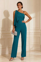 Load image into Gallery viewer, One Shoulder Sage Green Maxi Mother of the Bride Jumpsuits with Ruffles