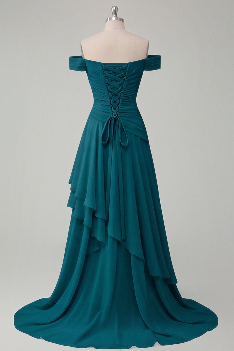 Load image into Gallery viewer, A Line Ruched Off the Shoulder Butter Yellow Ruffled Prom Dress with Slit