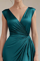 Load image into Gallery viewer, Peacock V-Neck Sheath Ruched Maxi Formal Dress with Ruffles