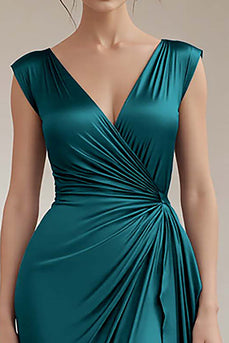 Peacock V-Neck Sheath Ruched Maxi Formal Dress with Ruffles