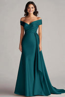 Load image into Gallery viewer, Women Peacock Mermaid Satin Maxi Formal Dress Off the Shoulder Ruched Mother of the Bride Dress