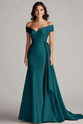 Peacock Mermaid Satin Off the Shoulder Maxi Formal Dress