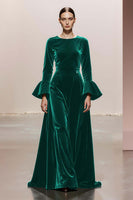 Load image into Gallery viewer, Dark Green Round Neck A Line Velvet Long Formal Dress with Sleeves