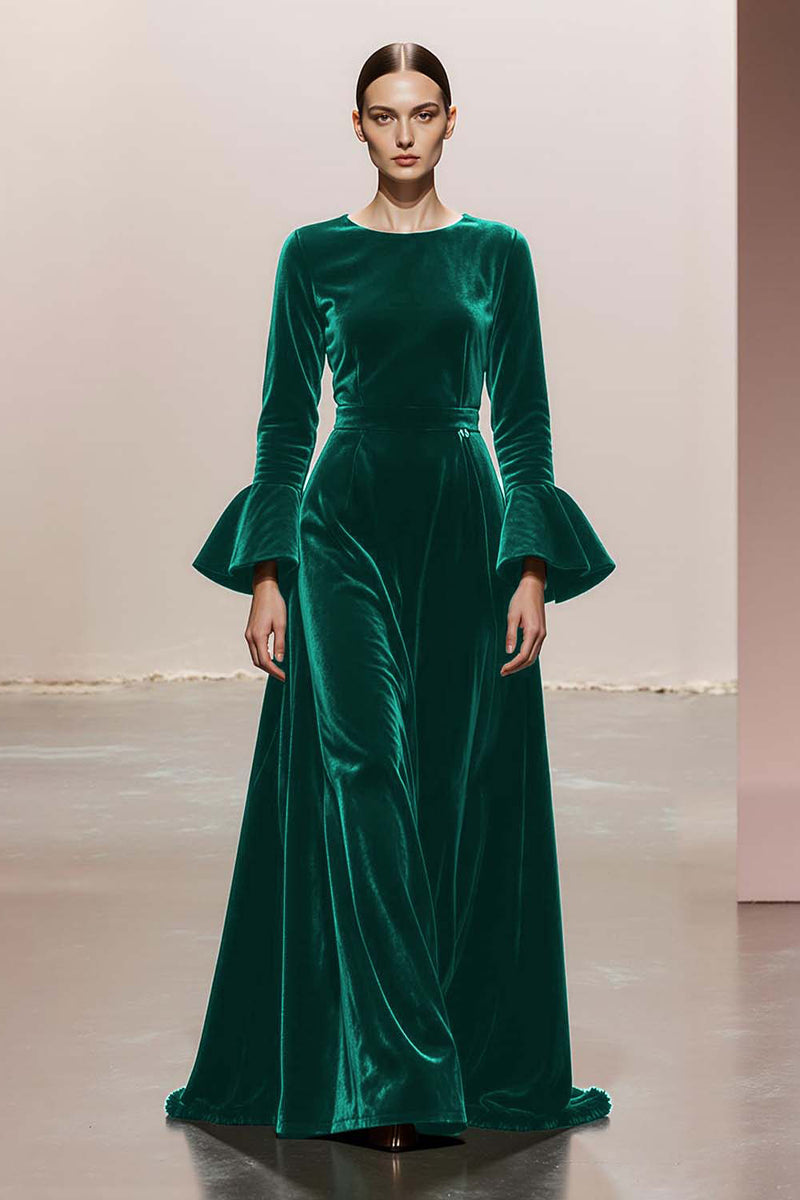 Load image into Gallery viewer, Dark Green Round Neck A Line Velvet Long Formal Dress with Sleeves