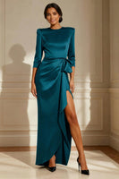 Load image into Gallery viewer, Satin Chocolate Round Neck Long Mother of the Bride Dress with Sash