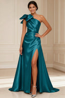Load image into Gallery viewer, One Shoulder Silver A Line Long Mother of the Bride Dress with Bow
