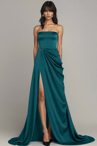 Peacock A Line Strapless Maxi Satin Formal Dress with Slit