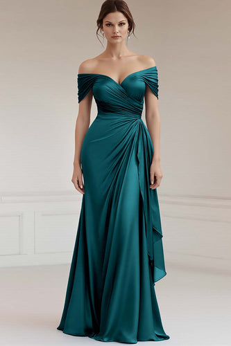 Peacock Sheath Satin Off the Shoulder Maxi Formal Dress