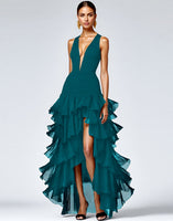 Load image into Gallery viewer, Black A Line Deep V-Neck Tiered Maxi Formal Dress with Slit