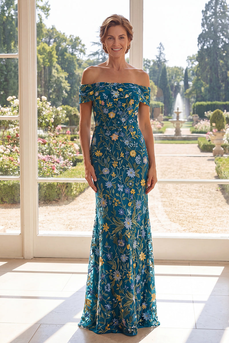 Load image into Gallery viewer, Green Mermaid Long Off the Shoulder Floral Mother of the Bride Dress